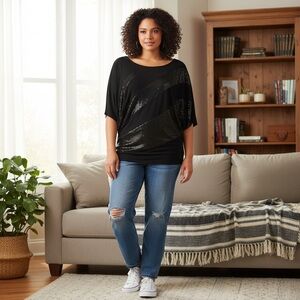 eVogues Size 3XL Sequin Detail Diagonal Hem Scoopneck Top